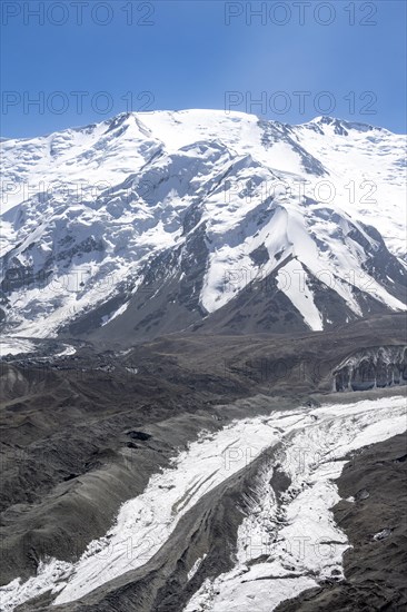 Barren high mountains, glacier tongue of Pik Lenin, Pamir Mountains, Osh Province, Kyrgyzstan, Asia