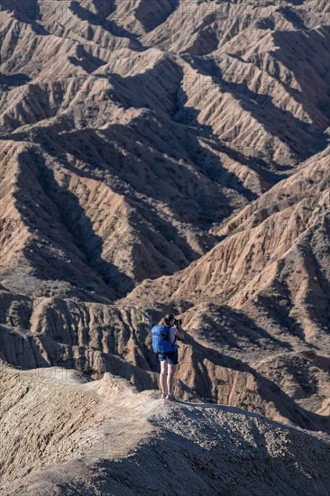Hiker walking along a canyon, eroded hilly landscape, Badlands, Valley of the Forgotten Rivers, near Bokonbayevo, Yssykkoel, Kyrgyzstan, Asia