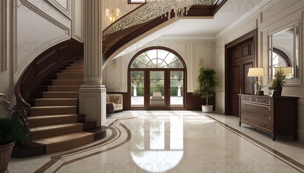 Elegant and modern interior of a spacious room with a grand staircase and luxurious chandelier, AI generated
