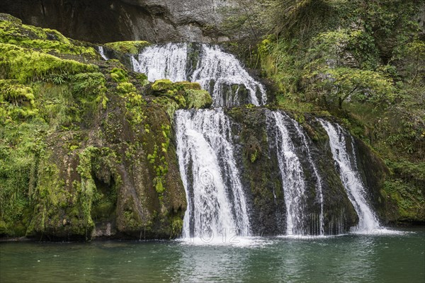 Spring and waterfall, Source du Lison, Source des Lison, Nans-sous-Sainte-Anne, Departement Doubs, Bourgogne-Franche-Comte, Jura, France, Europe