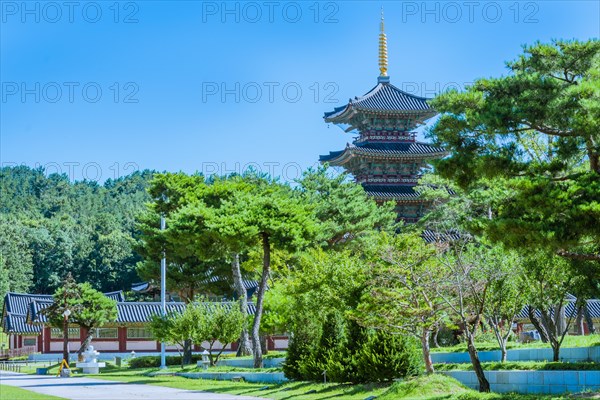 Tall oriental pagoda with tiled roof and golden spire and partial view of surrounding buildings behind beautiful trees in public park on sunny day