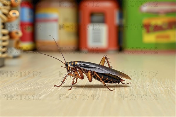 A cockroach (Blattodea) crawls across a shiny wooden floor, with blurred background of household objects, AI generated, AI generated