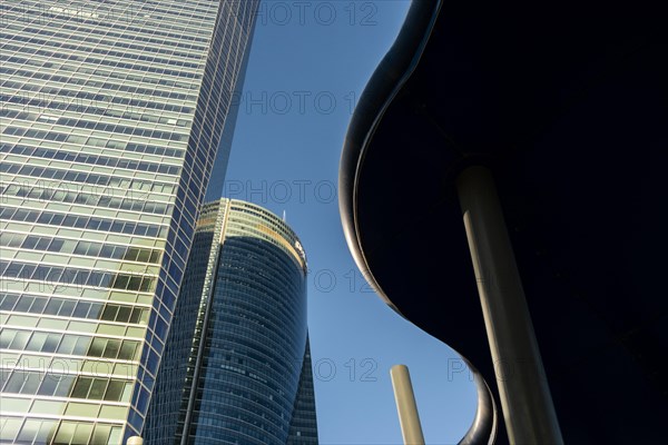 Office towers in the contemporary urban landscape in the Cuatro Torres financial area in the city of Madrid in Spain