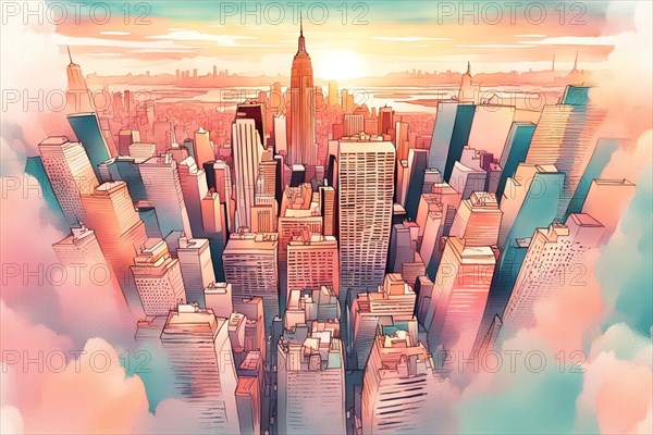 A stunning depiction capturing the charm of a New York city skyline over a vibrant sunset backdrop. ai generated, AI generated