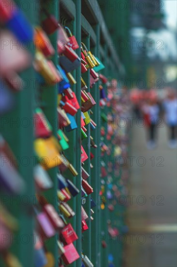 Colourful love locks on a railing, the background is blurred, Hohenzollern Bridge, Cologne Deutz, North Rhine-Westphalia, Germany, Europe