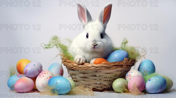A cute rabbit beside a basket filled with colorful Easter eggs in a festive arrangement AI generated