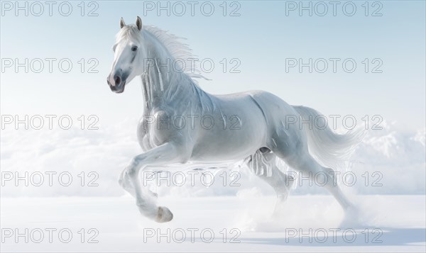 White horse with flying hair and splashes of water on white background. Frozen water splashes on background. Horse in dynamic pose AI generated
