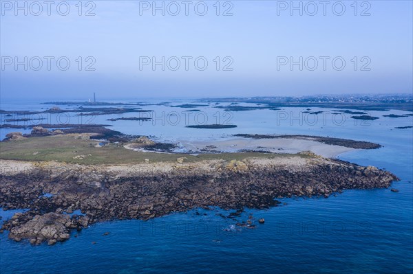 Aerial view of the island Ile Stagadon, in the background the lighthouse Phare de l'Ile Vierge, in front of the mouth of the Aber Wrach, Plouguerneau, department Finistere Penn ar Bed, region Bretagne Breizh, France, Europe