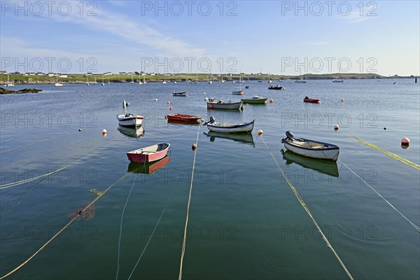 Boats on lines in the bay of Lampaul, Ouessant Island, Finistere, Brittany