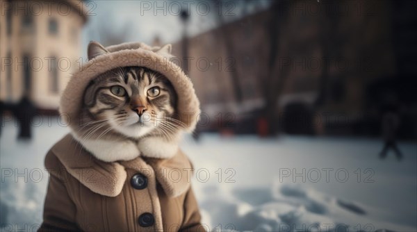 Cat in winter warm clothes in the winter on Snowy Street in the cold. The concept of warm clothes for the pet, AI generated