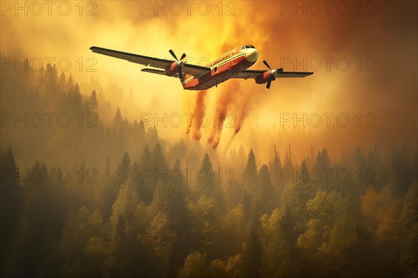 Firefighting Plane releasing water above a burning forest, AI Generated, AI generated