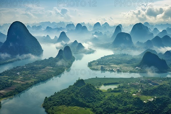 Surrealist aerial view of the Li River at Guilin, China, AI Generated, AI generated, Asia