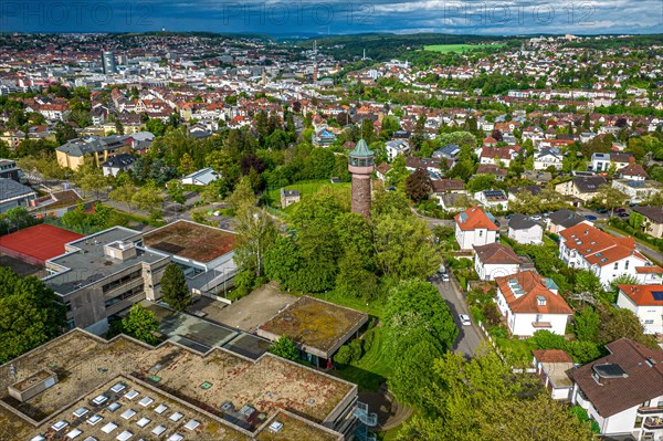 Aerial view of a city with a water tower surrounded by trees and residential areas, Pforzheim, Germany, Europe