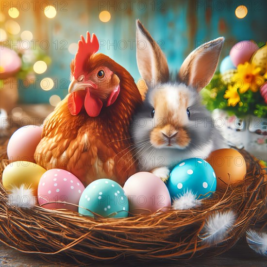 Easter, Easter festival, the Easter bunny sits with a chicken in an Easter nest with colourful Easter eggs, AI generated, AI generated