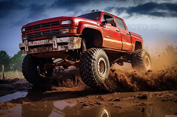 Monster truck driving outdoors amidst a cloud of dust. Thrill and adrenaline of an outdoor racing event on off-road terrain, AI generated