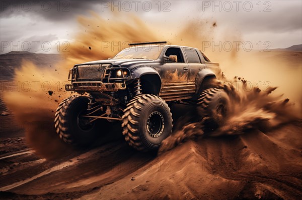 Monster truck driving outdoors amidst a cloud of dust. Thrill and adrenaline of an outdoor racing event on off-road terrain, AI generated