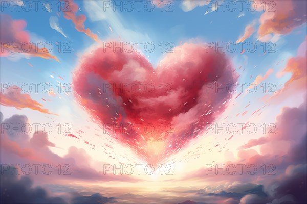 Painting of a heart-shaped cloud illuminated by the warm hues of sunset, floating above a serene sea of clouds. For love, romance, tenderness and Valentine day design, AI generated