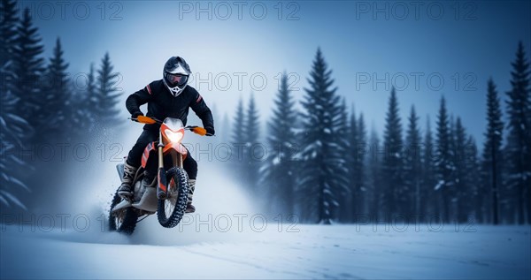 Motocross on an enduro motorcycle in the snow in winter, a motorcyclist in equipment and a helmet rides off-road, AI generated