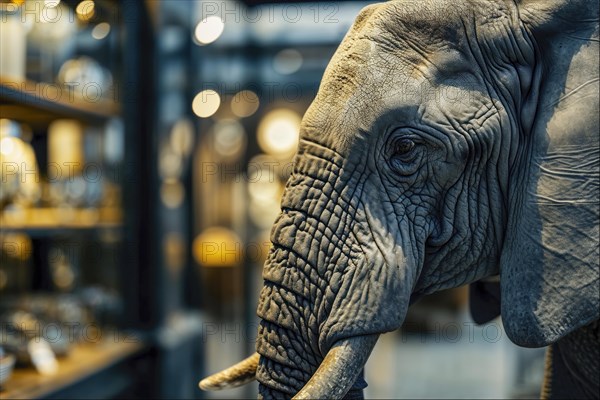 Close-up of an elephant head (Loxodonta africana) with detailed skin texture, blurred background suggests a museum exhibition, AI generated, AI generated