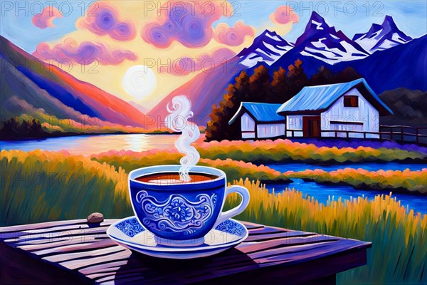 Painting capturing a traditional northern european blue white ceramic cup of smoking hot tea on a wooden rustic table on a terrace face beautiful alpine landscape, ai generated, AI generated