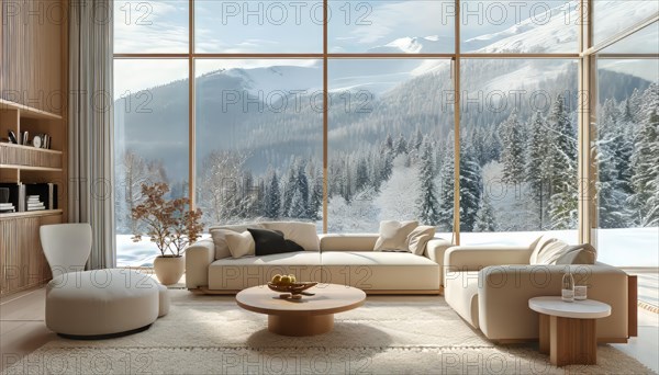 Scandinavian-inspired living room with a warm ambiance and a stunning snow landscape view, AI generated