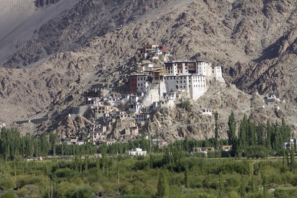 Spituk Gompa, the Buddhist monastery located near Leh, the capital of Ladakh region in Northern India. It belongs to the Gelug school of the Tibetan Buddhism. Spituk, Leh District, Union Territory of Ladakh, India, Asia
