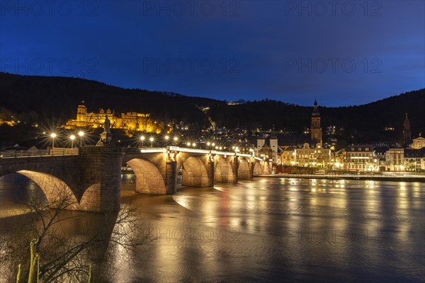 Old bridge and castle at the blue hour, Heidelberg, Baden-Wuerttemberg, Germany, Europe