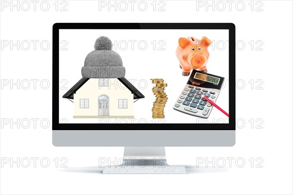 House, model house, bobble hat, cap, euro coins, saving, energy, expensive, inflation rate, cold, winter, heating, electricity, throttle, reduce, piggy bank, calculator, savings, laptop, computer, Imac, Apple, studio