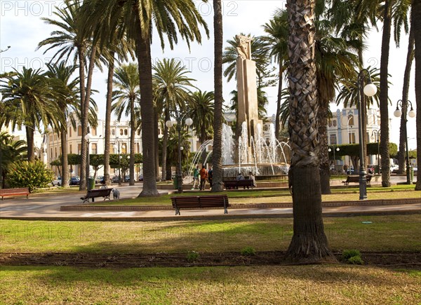 Fountain and palm trees in Plaza de Espana, Melilla autonomous city state Spanish territory in north Africa, Spain, Europe