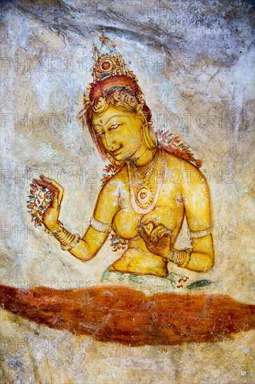 Rock painting frescoes of maidens in the palace fortress, Sigiriya, Central Province, Sri Lanka, Asia