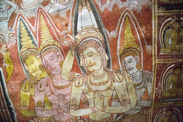 Buddha images in roof mural, Dambulla cave Buddhist temple complex, Sri Lanka, Asia