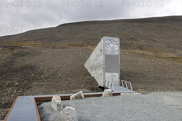 Entrance to the Svalbard Global Seed Vault, largest seed bank in the world and backup facility for the crop diversity near Longyearbyen, Spitsbergen