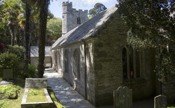 Historic gravestones and church amidst sub-tropical plants, St Just in Roseland, Cornwall, England, UK