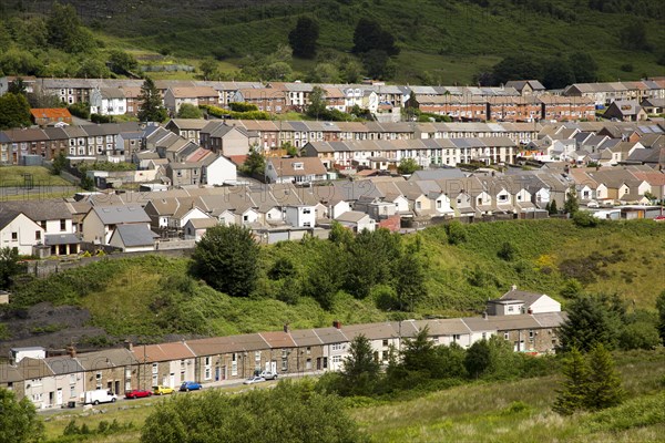 Linear pattern of terraced houses in Cwmparc, Treorchy, Rhonnda valley, South Wales, UK