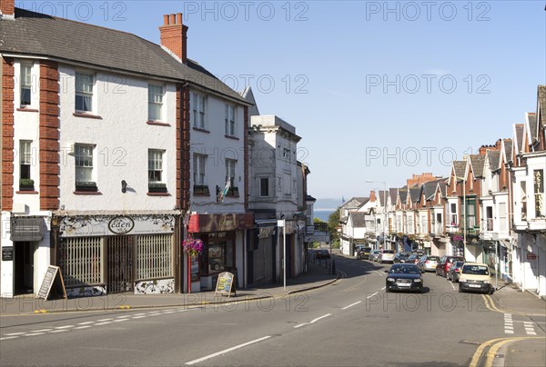 Main shopping street in Oystermouth, Mumbles, Gower peninsula, near Swansea, South Wales, UK