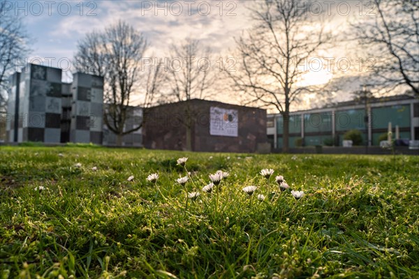 Spring morning in the park with flowers and statues, Jewellery Museum, Pforzheim, Germany, Europe