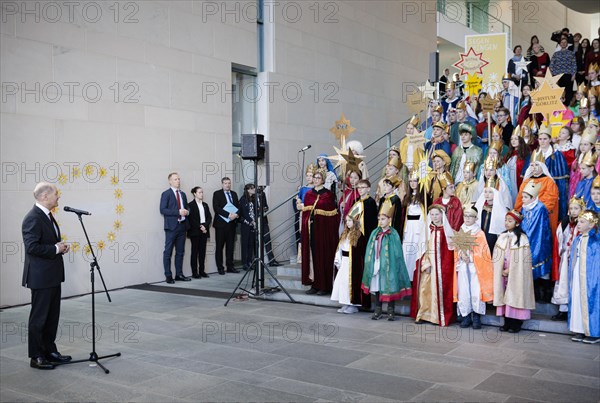 Federal Chancellor Olaf Scholz (SPD) pictured at the traditional reception for carol singers at the Federal Chancellery in Berlin, 8 January 2024