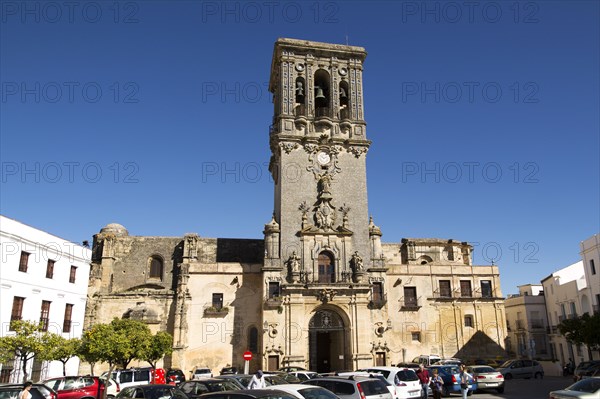 Tower of church Santa Maria de la Asuncion, Plaza del Cabildo, Arcos de la Frontera, Cadiz Province, Spain, Europe
