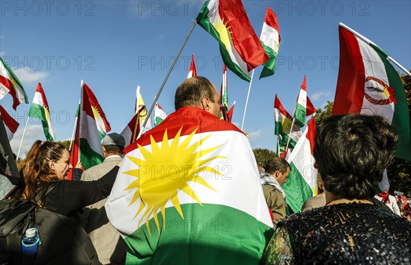Thousands of Iranians are demonstrating in Berlin to support the protests in Iran. The demonstration was called by the Woman Life Freedom Collective. The picture shows Iranian and Kurdish flags, Berlin, 22 October 2022