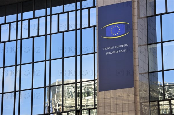 Banner on the Justus Lipsius building, headquarters of the Council of the European Union, Brussels, Belgium, Europe