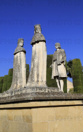 Columbus, King Ferdando and Queen Isabel statues in garden of Alcazar, Cordoba, Spain, Alcazar de los Reyes Cristianos, Europe