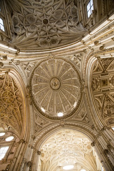 Arched ceiling dome interior of the cathedral inside the former mosque, Cordoba, Spain, Europe