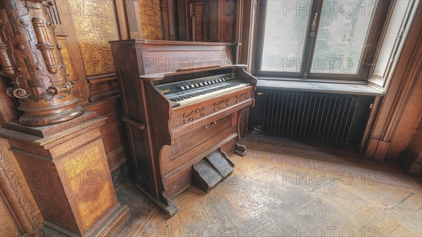 Old wooden organ in a historic room with parquet floor and window, Villa Woodstock, Lost Place, Wuppertal, North Rhine-Westphalia, Germany, Europe