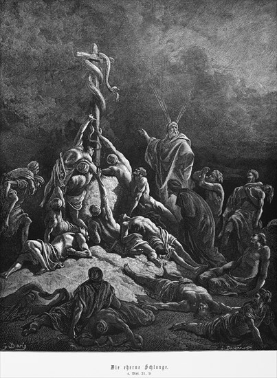 Moses' brazen serpent. Fourth Book of Moses, chapter 21, desert, cross, sick, dying, forgiveness, hope, healing, poisonous, Israelites, group, Bible, Old Testament, historical illustration from 1886