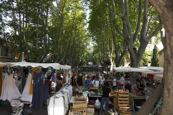 Market in Curcuron by the village pond, Luberon, Vaucluse, Provence, France, Europe