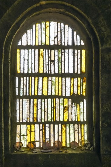 Stained glass window of the chapel on Mont Saint-Michel de Brasparts, Monts d'Arree massif, Finistere Penn ar Bed department, Brittany Breizh region, France, Europe