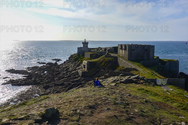 Peninsula Kermorvan with lighthouse and fort, behind the island Ouessant, Le Conquet, department Finistere Pen ar Bed, region Bretagne Breizh, France, Europe