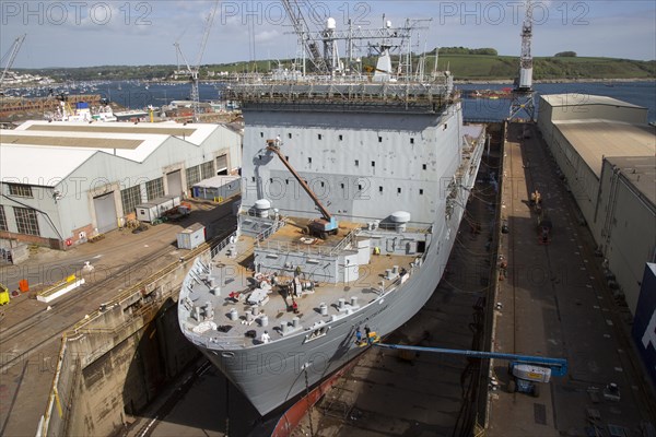 RFA Mounts Bay ship in dry dock, Falmouth, Cornwall, England, UK