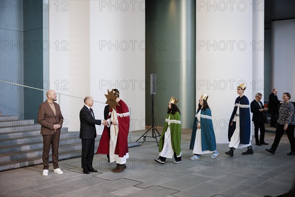 Federal Chancellor Olaf Scholz (SPD) pictured at the traditional reception for carol singers at the Federal Chancellery in Berlin, 8 January 2024