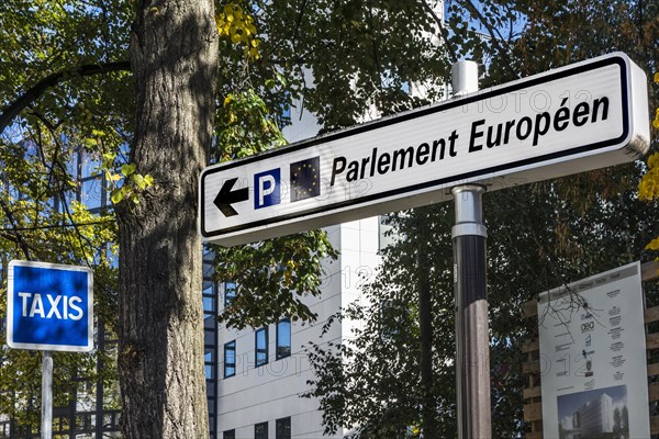 Signpost with directions to the European Parliament in the European quarter at Strasbourg, France, Europe